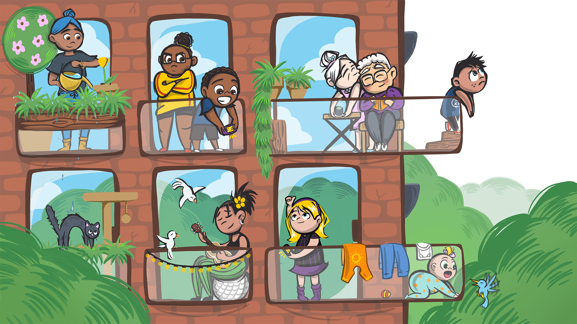 Lots of people living in an apartment chilling on their decks