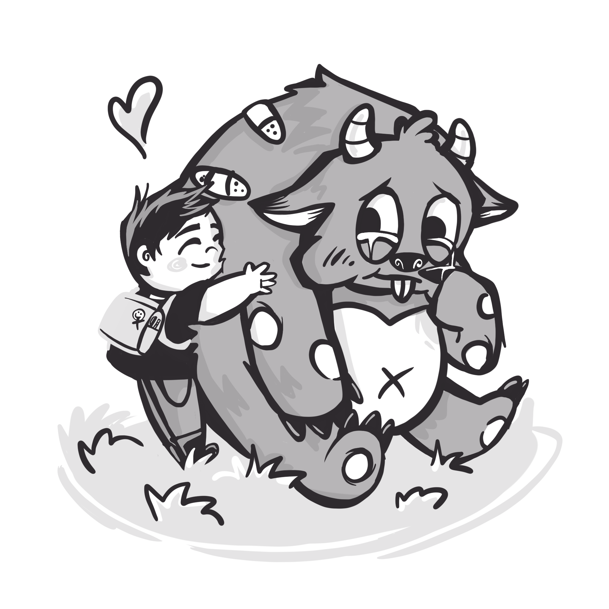 Young boy hugs a hurt monster