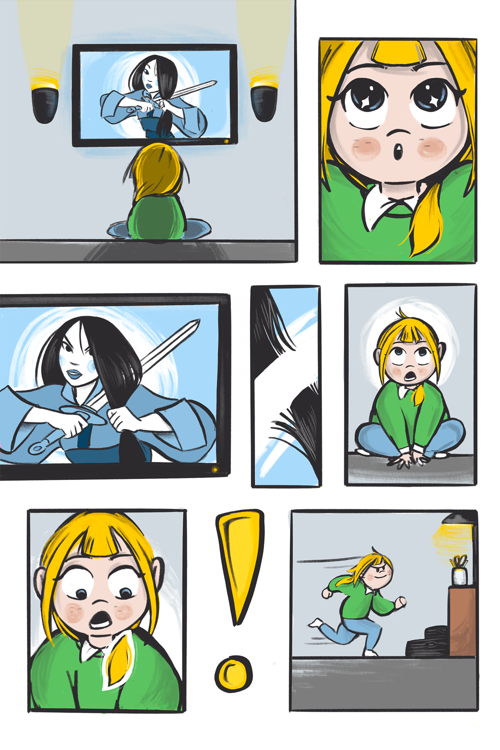 comic strip of a girl watching tv of a girl cutting her hair